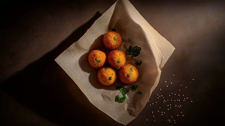 Mini grain snack ball with almonds, walnuts, cashews, seeds, and sprouts, crispy, crunchy, flat lay macro photo with dark moody color palette.の素材