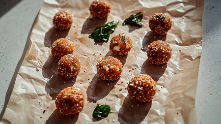 Mini grain snack ball with cereal flakes, nuts, seeds, and sprouts, crispy and crunchy finger food, wholesome nutrition with natural vitality.の素材