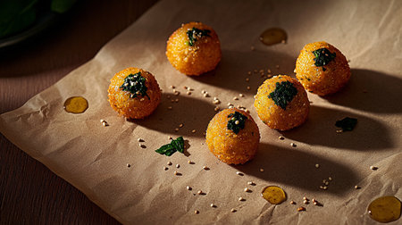 Mini grain snack ball with cereal flakes, nuts, seeds, and sprouts, crispy and crunchy finger food, wholesome nutrition with natural vitality.の素材