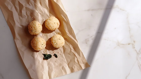 Mini grain snack ball with almonds, walnuts, cashews, seeds, and sprouts, crispy, crunchy, flat lay macro photo with pastel color palette.の素材