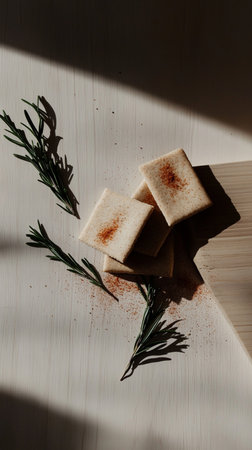 Mini grain crackers with almonds, walnuts, cashews, seeds, and sprouts, crispy and crunchy, styled in pastel color palette with negative space.の素材