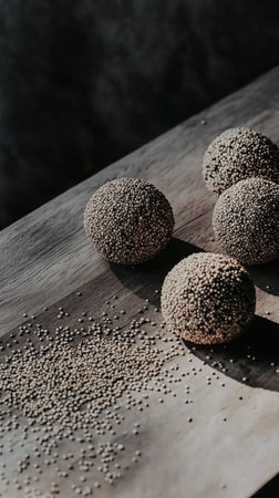 Mini grain snack balls with chia, almonds, walnuts, cashews, seeds, and sprouts, crispy, crunchy, dark moody macro photo with negative space.の素材