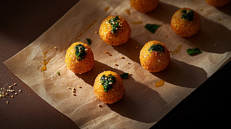 Mini grain snack balls with cereal flakes, almonds, walnuts, cashews, seeds, and sprouts, crispy, crunchy, nutritious, floating with negative space.の素材