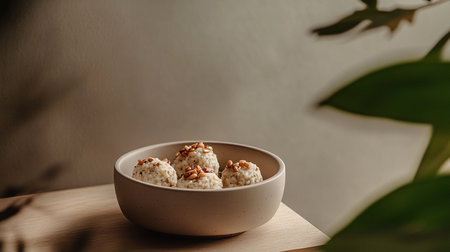 Mini grain snack ball with cereal flakes, nuts, seeds, and sprouts, crispy and crunchy finger food, wholesome nutrition with natural vitality.の素材