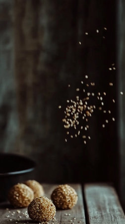 Small compact finger food balls with cereal flakes, protein-rich nuts and seeds, wholesome, floating above surface, emphasizing vitality.の素材