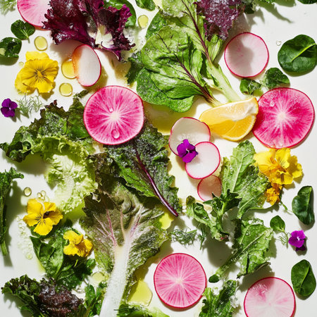 Flat lay of edible blossoms, sprouts, and organic components in a bowl, macro closeup emphasizing freshness, texture, and gastronomy.の素材
