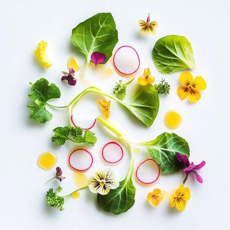 Flat lay of edible blossoms, sprouts, and organic components in a bowl, macro closeup emphasizing freshness, texture, and gastronomy.の素材