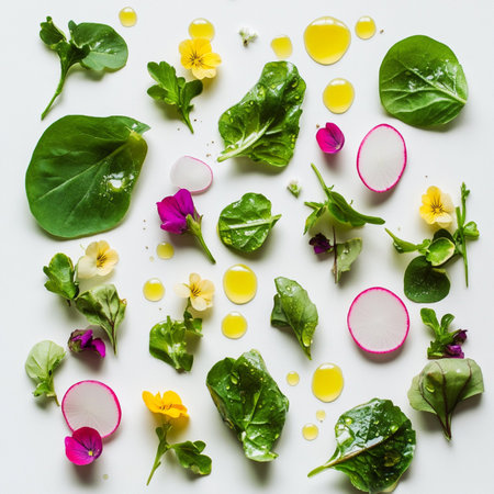 Flat lay of edible blossoms, sprouts, and organic components in a bowl, macro closeup emphasizing freshness, texture, and gastronomy.の素材