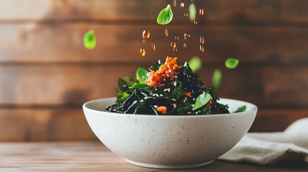 Floating seaweed and algae above bowl, fresh greens and sprouts, levitated macro shot in rustic moody lighting with shadows and contrast.の素材