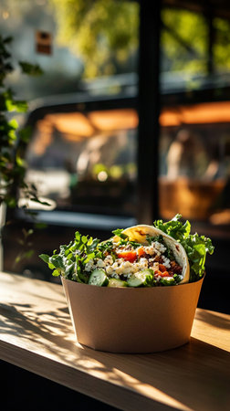 Fresh organic salad with greens and vegetables in bowl, grab-and-go snack, ready-to-eat, photographed at outdoor market food truck.の素材