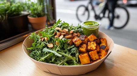 Fresh organic salad with greens and vegetables in bowl, grab-and-go snack, ready-to-eat, photographed at outdoor market food truck.の素材