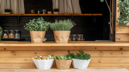 Fresh organic salad with greens and vegetables in bowl, grab-and-go snack, ready-to-eat, photographed at outdoor market food truck.の素材