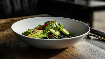 Organic salad appetizer with fresh greens, healthy snack, light and nourishing, macro food photographyの素材