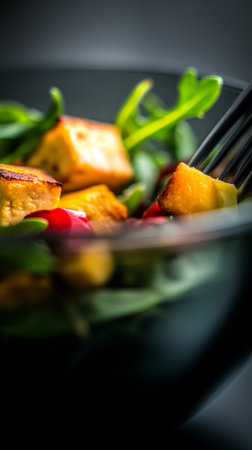 Organic salad appetizer with fresh greens, healthy snack, light and nourishing, macro food photographyの素材
