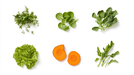 Deconstructed vegan salad in flat lay fresh organic greens and veggies arranged with clean, balanced simplicity.の素材