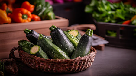 Fresh farm zucchini and squash salad with fresh greens and veggies in flat lay top-down composition, wholesome, nutritious, and organic.の素材