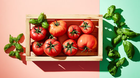 Fresh tomatoes and basil in a rustic woven basket, vibrant and organic, wholesome farm to table composition.の素材