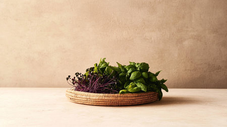 Close-up of fresh hydroponic greens in a bowl, basket, including spinach, kale, and lettuce, modern, sustainable, and nutritious.の素材
