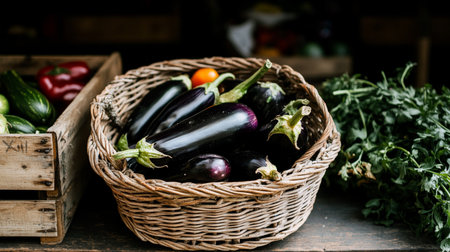 Rustic woven basket filled with fresh eggplants, ripe and organic, farm-harvested for a wholesome, nutritious meal.の素材