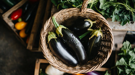 Rustic woven basket filled with fresh eggplants, ripe and organic, farm-harvested for a wholesome, nutritious meal.の素材