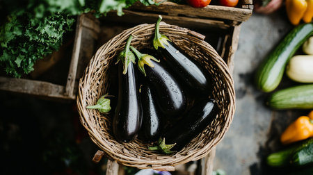 Rustic woven basket filled with fresh eggplants, ripe and organic, farm-harvested for a wholesome, nutritious meal.の素材