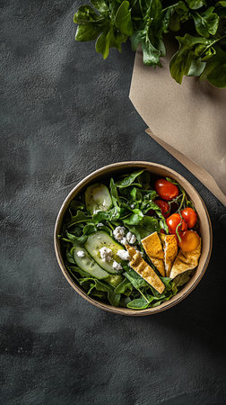 Vibrant salad of pecans, cabbage, various greens in a rustic bowl. Moody tones highlight the organic palette.の素材