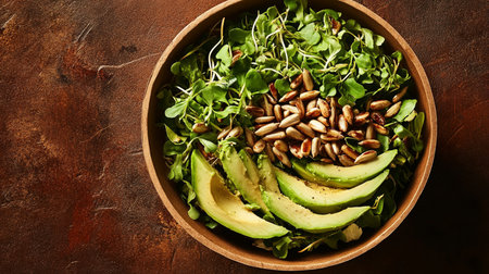Vibrant salad of pecans, cabbage, various greens in a rustic bowl. Moody tones highlight the organic palette.の素材