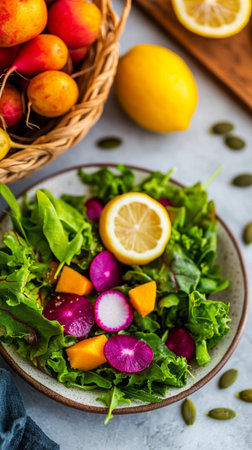 Vibrant salad of pecans, cabbage, various greens in a rustic bowl. Moody tones highlight the organic palette.の素材