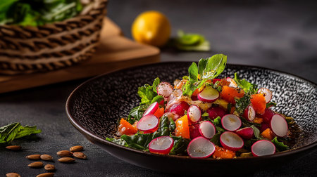 Vibrant salad of pecans, cabbage, various greens in a rustic bowl. Moody tones highlight the organic palette.の素材