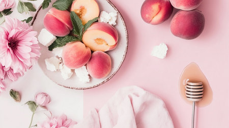 Close-up of fresh peaches and berries in a vibrant salad bowl, ripe, juicy, and farm-harvested for wholesome nutrition.の素材