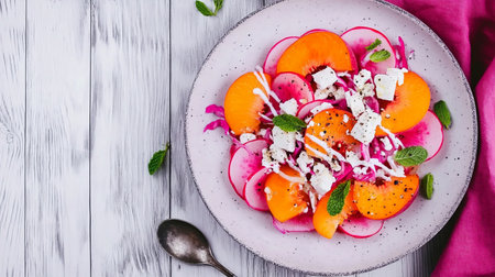 Close-up of fresh peaches and berries in a vibrant salad bowl, ripe, juicy, and farm-harvested for wholesome nutrition.の素材