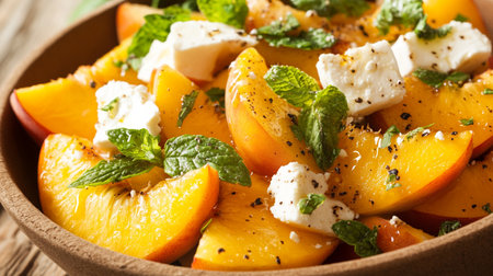 Close-up of fresh peaches and berries in a vibrant salad bowl, ripe, juicy, and farm-harvested for wholesome nutrition.の素材