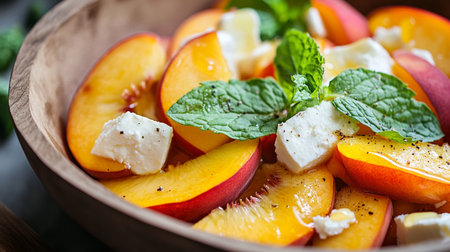 Close-up of fresh peaches and berries in a vibrant salad bowl, ripe, juicy, and farm-harvested for wholesome nutrition.の素材