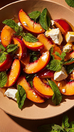 Close-up of fresh peaches and berries in a vibrant salad bowl, ripe, juicy, and farm-harvested for wholesome nutrition.の素材