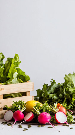 Fresh red radishes in a rustic basket, farm-harvested and ready to eat, vibrant and wholesome for a healthy salad.の素材