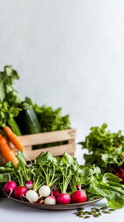 Fresh red radishes in a rustic basket, farm-harvested and ready to eat, vibrant and wholesome for a healthy salad.の素材