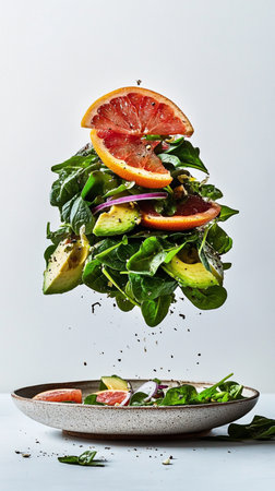 Juicy orange, lime, lemon, grapefruit, tropical fruits with leafy vegetables, salad, spinach, kale, fresh, organic, farm.の素材