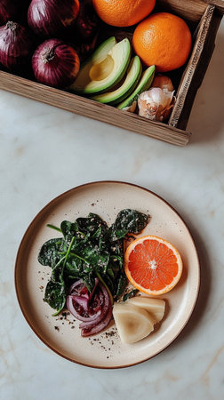 Flat lay of fresh citrus fruits and leafy greens in a bowl, juicy, organic, wholesome, nutritious, ready to eat.の素材
