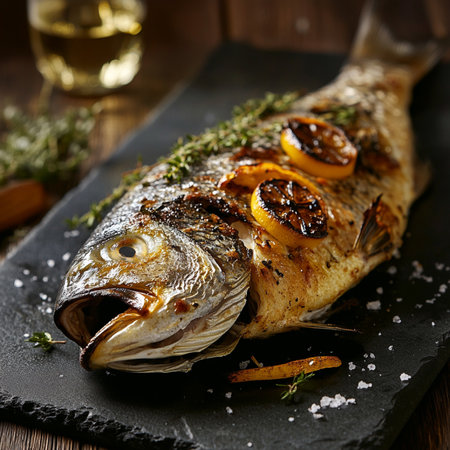 Golden caramelized seafood fillet on plate, roasted and glazed for a crispy gourmet texture, fresh ocean flavor in closeup detail.の素材