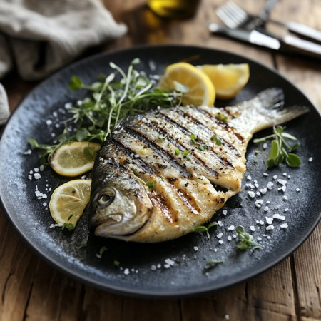 Golden caramelized seafood fillet on plate, roasted and glazed for a crispy gourmet texture, fresh ocean flavor in closeup detail.の素材
