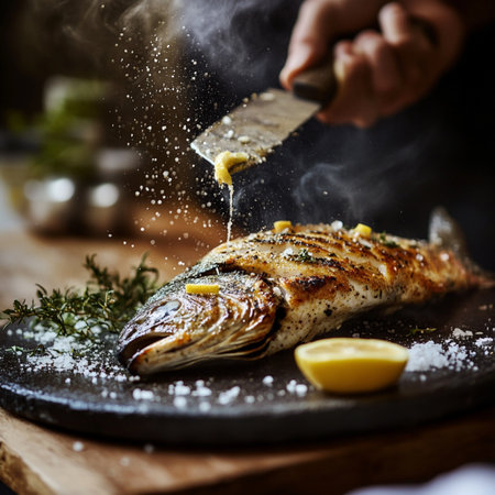 Golden caramelized seafood fillet on plate, roasted and glazed for a crispy gourmet texture, fresh ocean flavor in closeup detail.の素材
