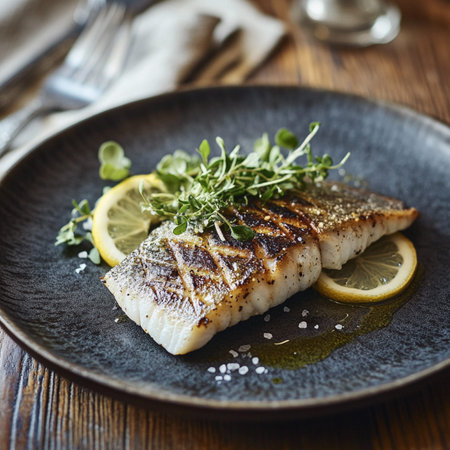 Golden caramelized seafood fillet on plate, roasted and glazed for a crispy gourmet texture, fresh ocean flavor in closeup detail.の素材