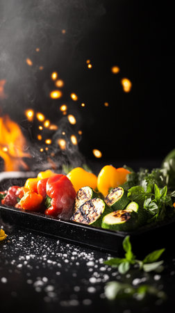 Flame-cooked vegan greens vegetables sizzle with charred edges and smoky barbecue aroma.の素材