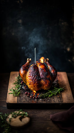 Grilled steak over open fire, smoke rising from the flames, perfectly seared and charred, a protein-rich main dish full of energy.の素材