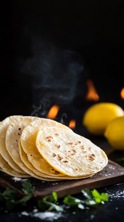 Grilled tortilla wraps glow with charred edges and smoky barbecue aroma.の素材