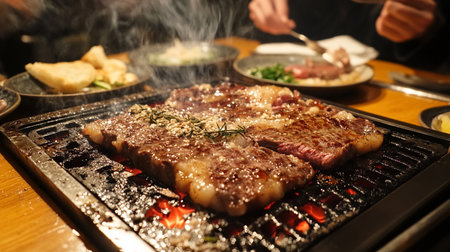 Seared beef steak grilled over open flame, smoke and sparks rising, a protein-packed main dish rich in nutrients and energy.の素材