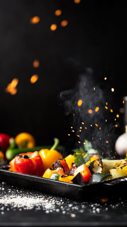 Flame-cooked vegan greens vegetables sizzle with charred edges and smoky barbecue aroma.の素材