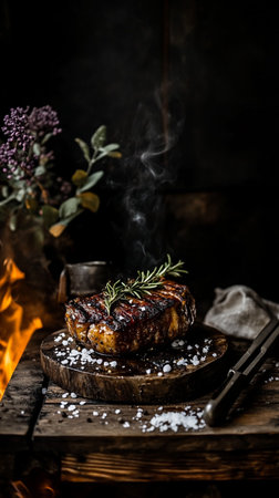 Seared beef steak grilled over open flame, smoke and sparks rising, a protein-packed main dish rich in nutrients and energy.の素材