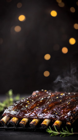 Seared beef steak rib grilled over open flame, smoke and sparks rising, a protein-packed main dish rich in nutrients and energy.の素材