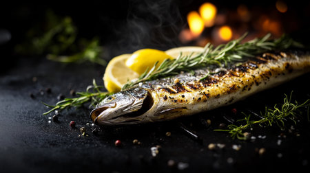 Grilled seafood fillet over open flame fire, fresh from the ocean, smoky and flavorful, a healthy protein-rich gourmet meal.の素材